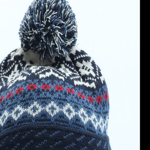 Marks and Spencer Womens Blue Fair Isle Acrylic Bobble Hat Size S - Size S-M