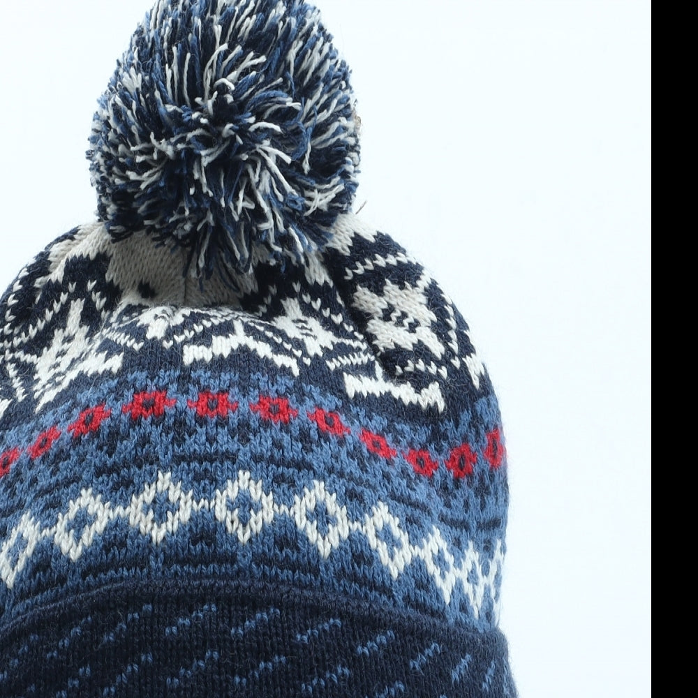 Marks and Spencer Womens Blue Fair Isle Acrylic Bobble Hat Size S - Size S-M