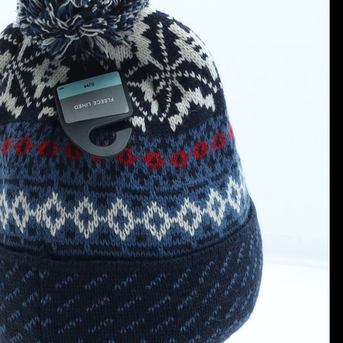 Marks and Spencer Womens Blue Fair Isle Acrylic Bobble Hat Size S - Size S-M