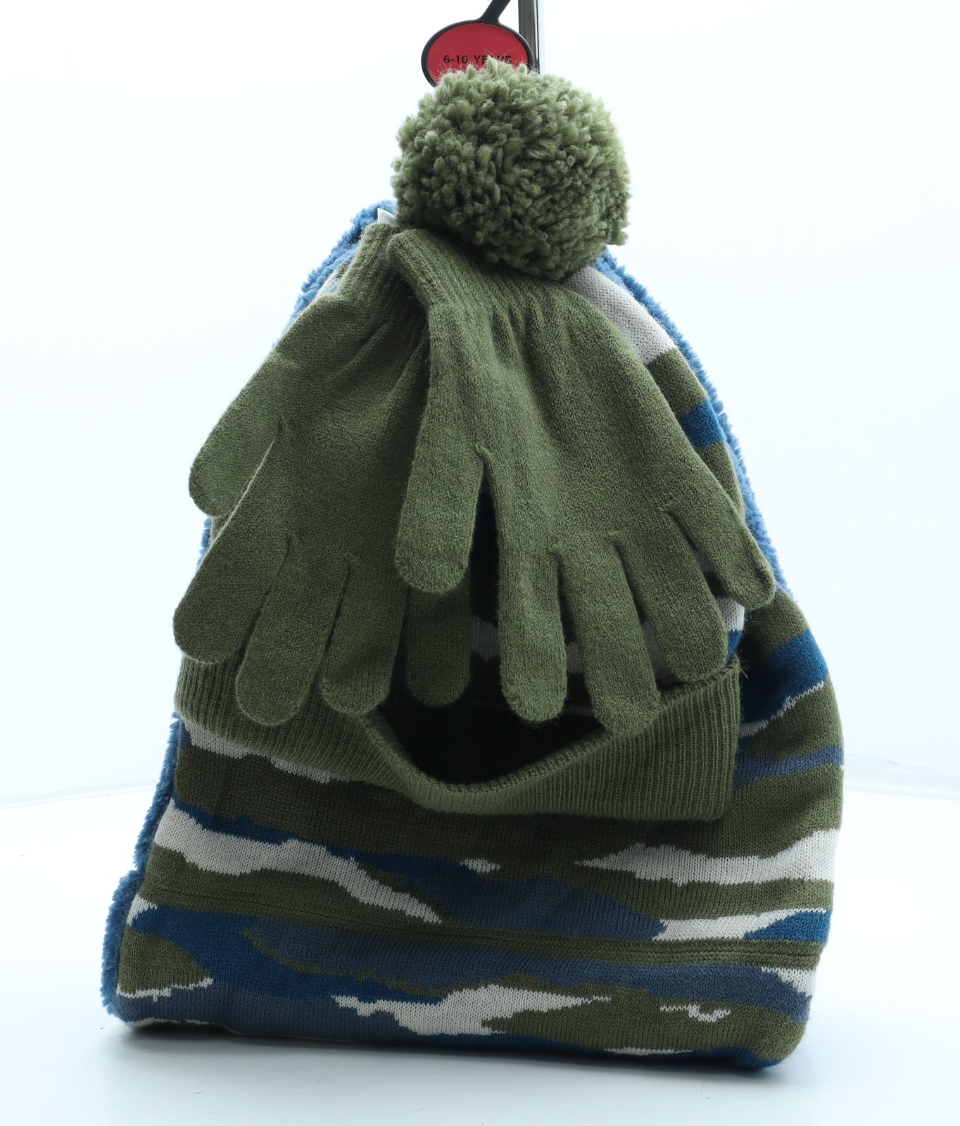 Marks and Spencer Boys Multicoloured Camouflage Acrylic Beanie Size S - UK Size 6-10 years Gloves and snood included