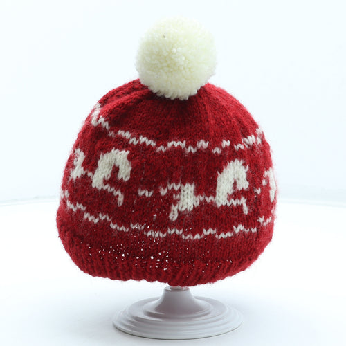 Preworn Boys Red Geometric Wool Bobble Hat One Size - Horse Pattern