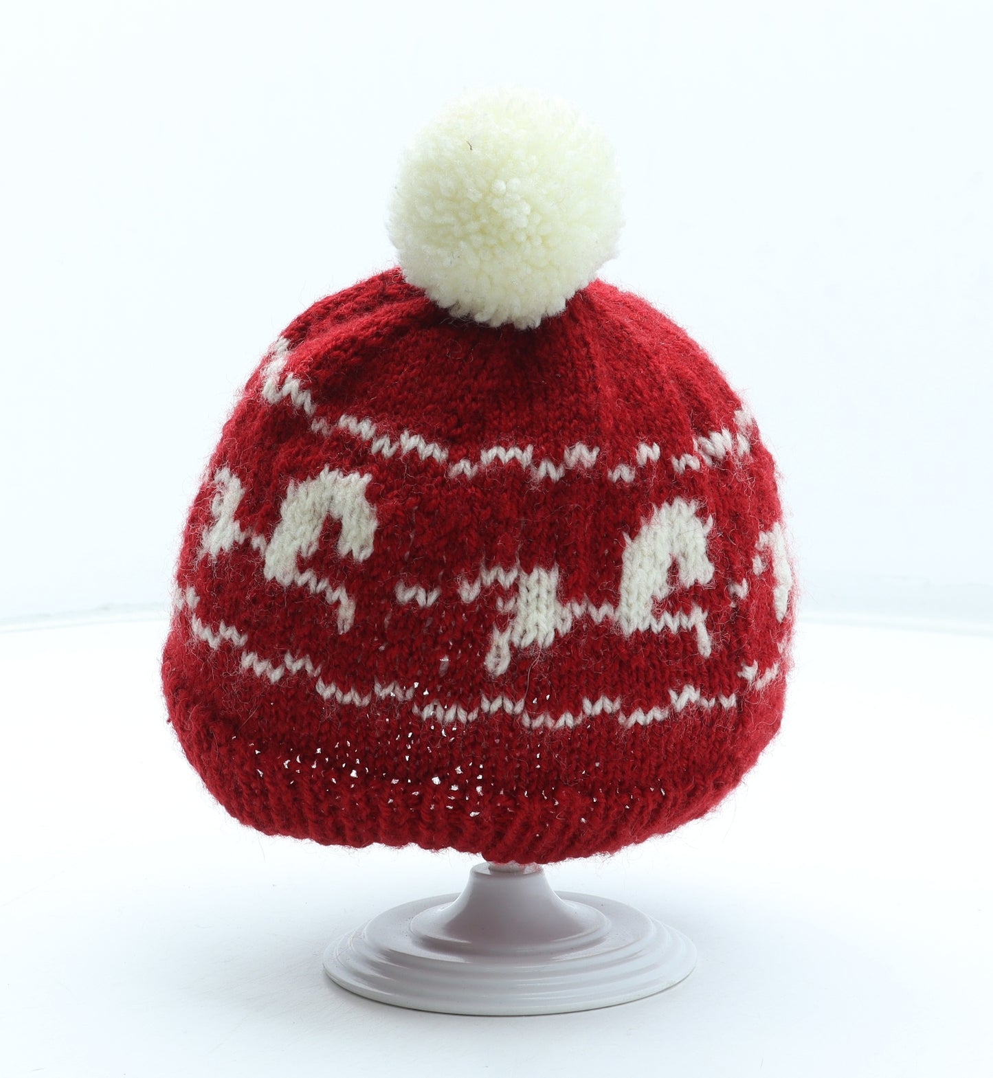 Preworn Boys Red Geometric Wool Bobble Hat One Size - Horse Pattern