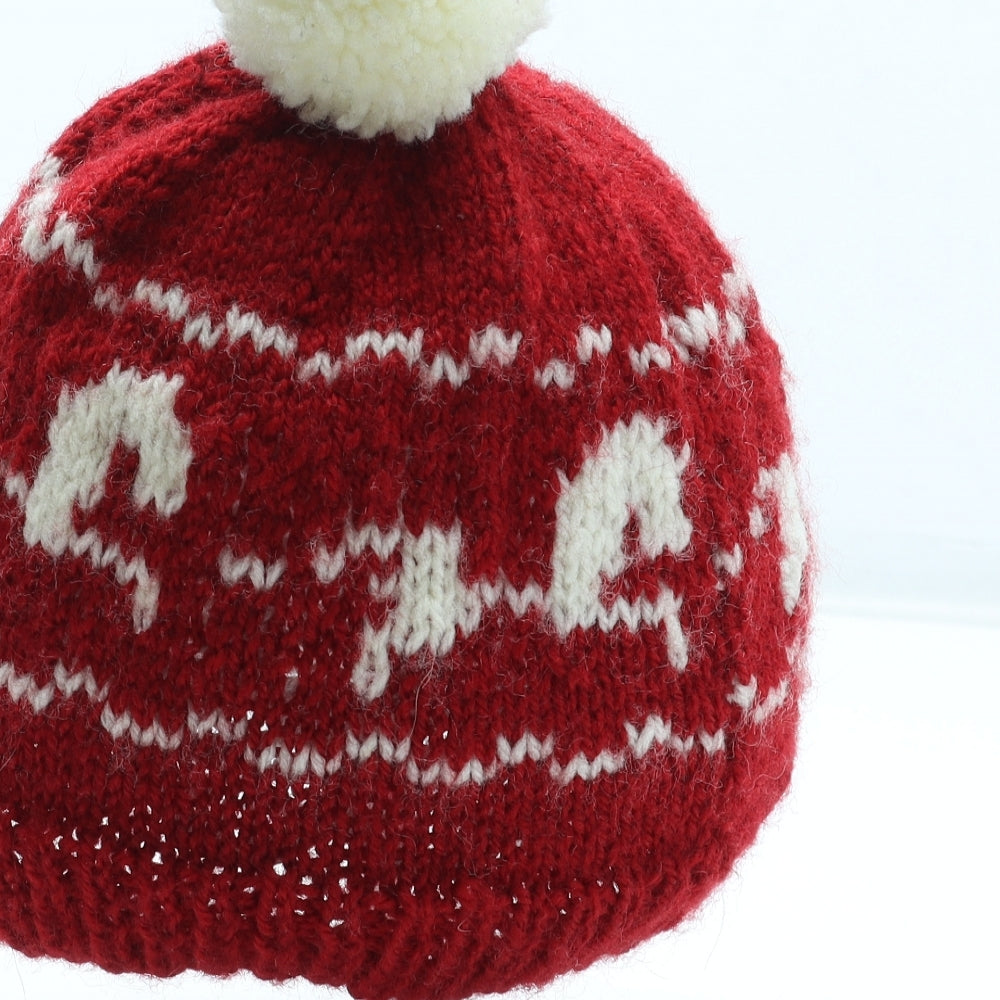 Preworn Boys Red Geometric Wool Bobble Hat One Size - Horse Pattern