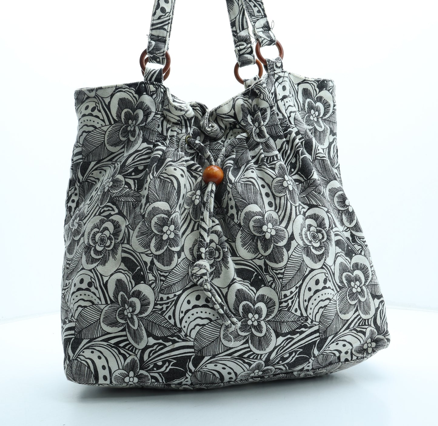 Preworn Womens Black Floral Polyester Shoulder Bag Size Large