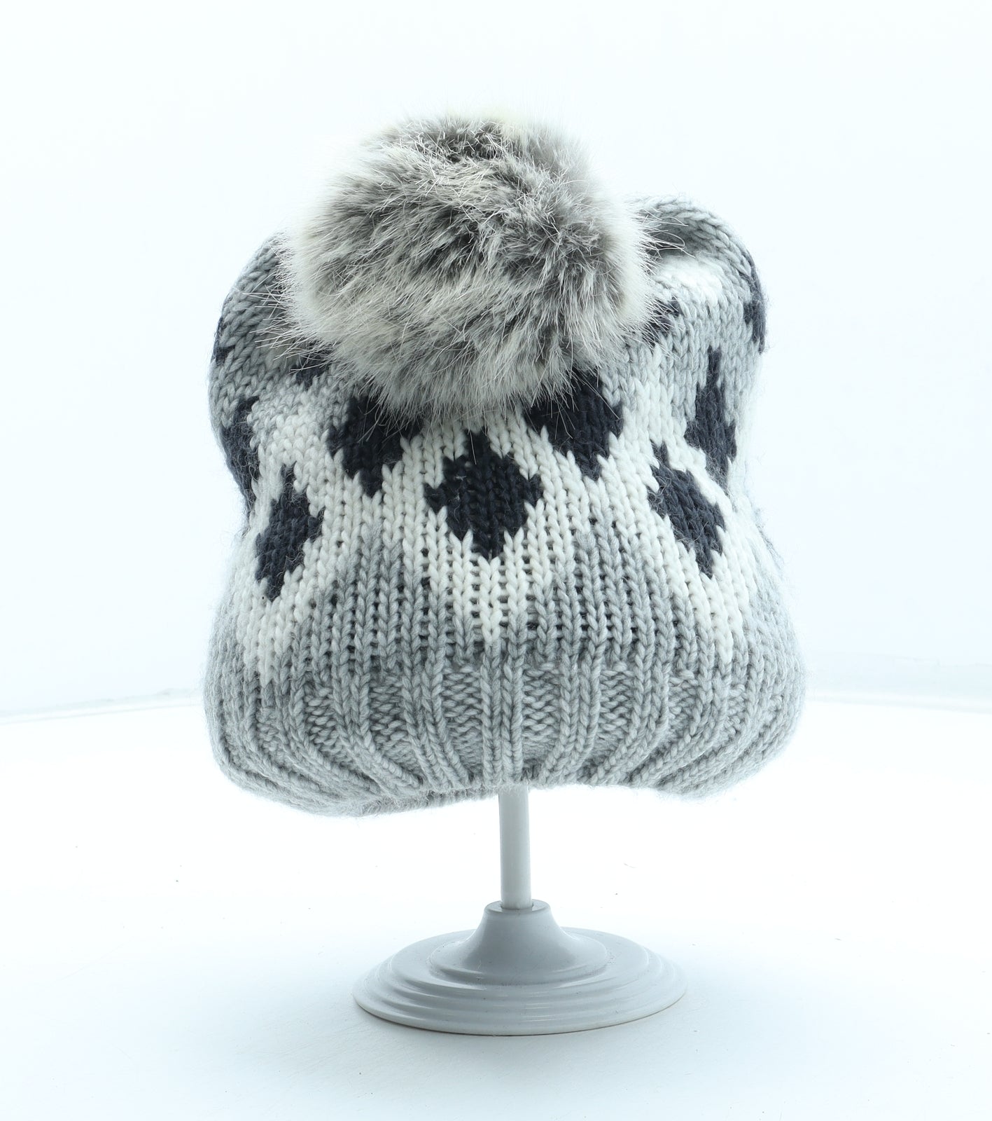 H&M Womens Grey Argyle/Diamond Acrylic Bobble Hat One Size