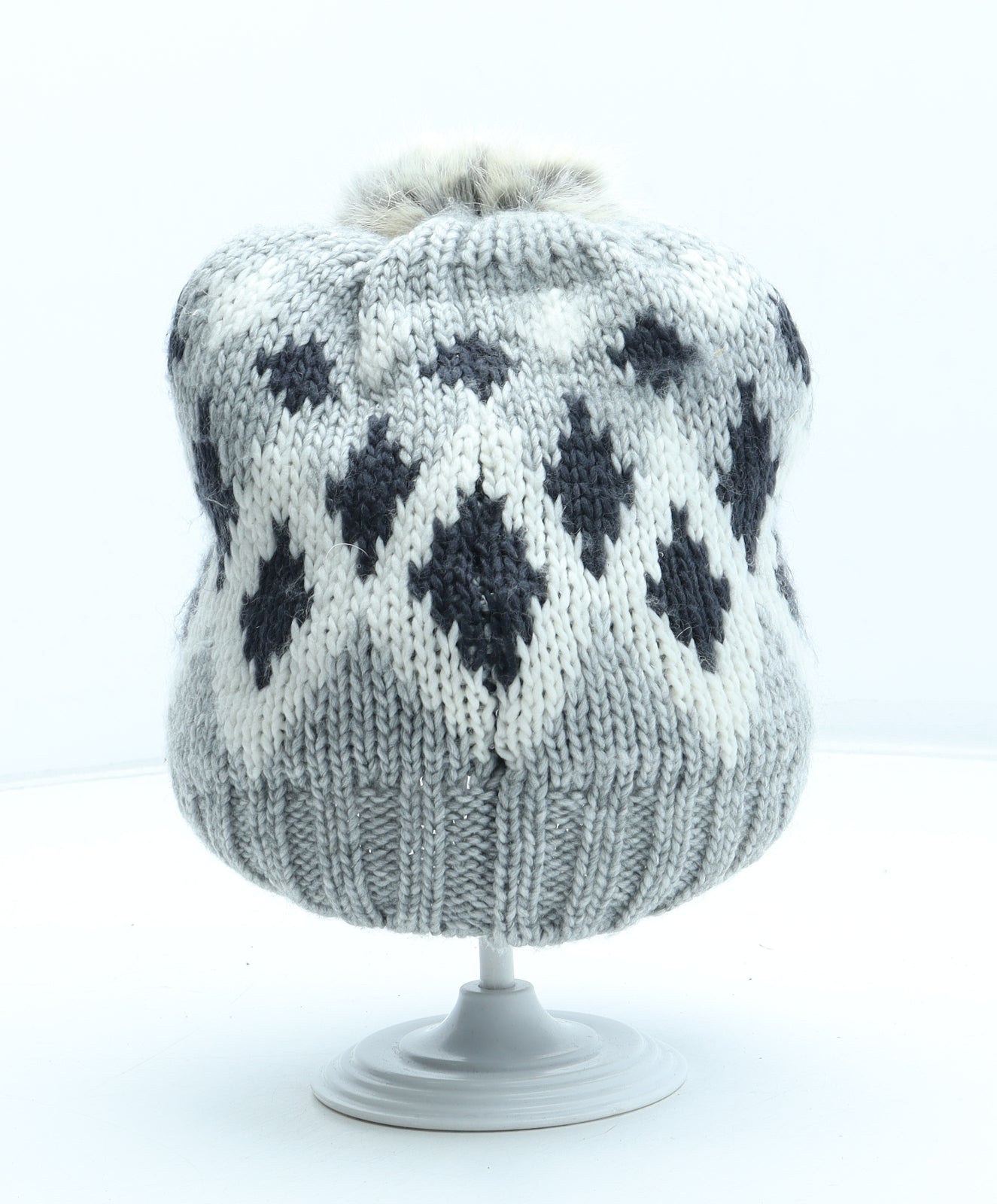 H&M Womens Grey Argyle/Diamond Acrylic Bobble Hat One Size