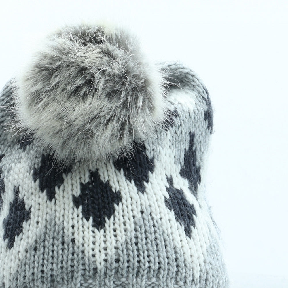 H&M Womens Grey Argyle/Diamond Acrylic Bobble Hat One Size