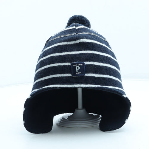 Polarn O. Pyret Boys Blue Striped Acrylic Bobble Hat Size S - UK Size 2-9 Years