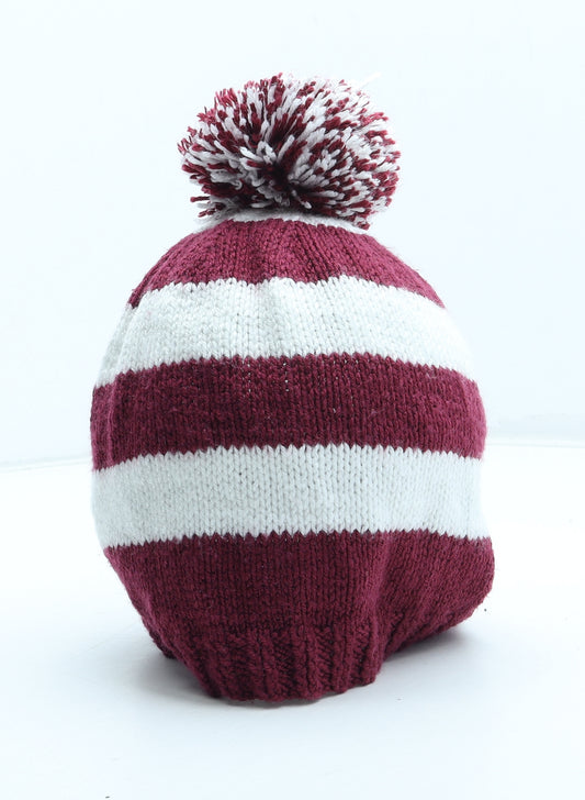 Preworn Womens Red Striped Acrylic Bobble Hat One Size