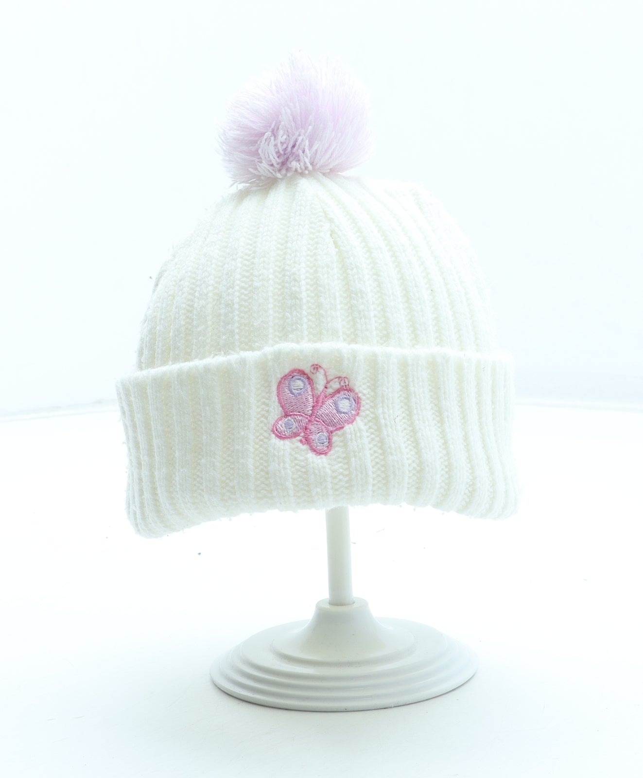 Preworn Girls White Acrylic Bobble Hat Size S - Butterfly Pattern