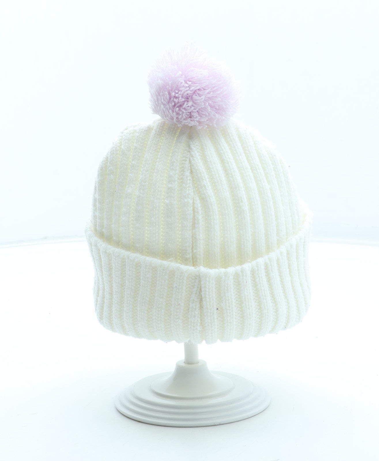 Preworn Girls White Acrylic Bobble Hat Size S - Butterfly Pattern