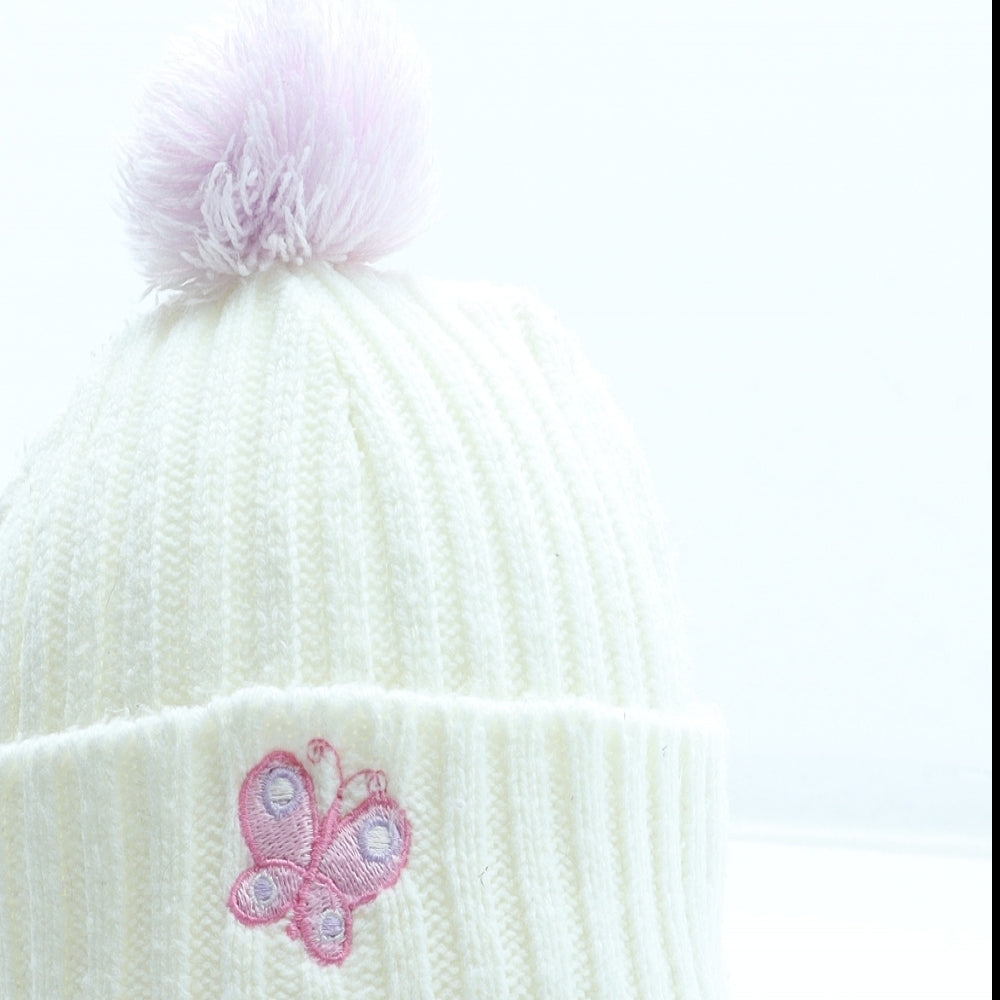 Preworn Girls White Acrylic Bobble Hat Size S - Butterfly Pattern