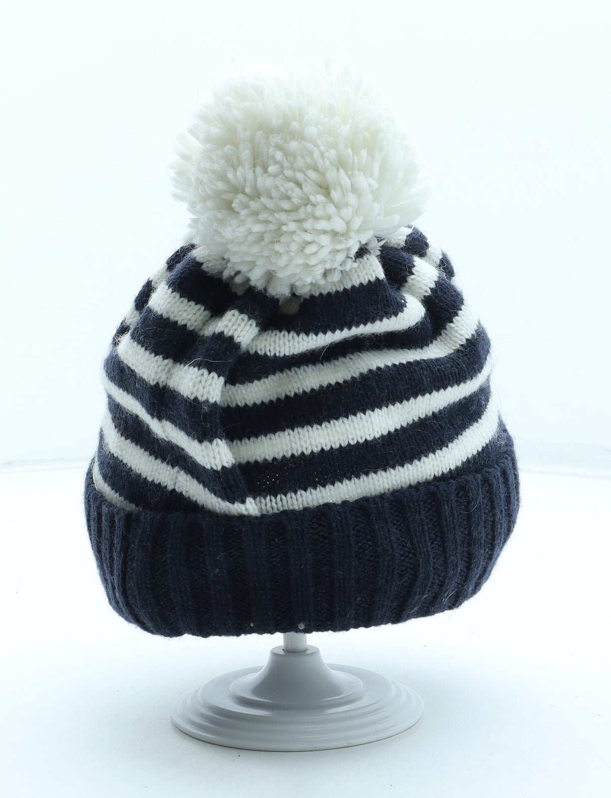 Quba Womens Blue Striped Acrylic Bobble Hat One Size