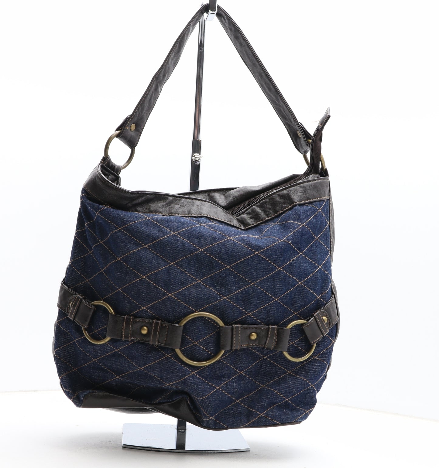 M&Co Womens Blue Argyle/Diamond Cotton Shoulder Bag Size Medium