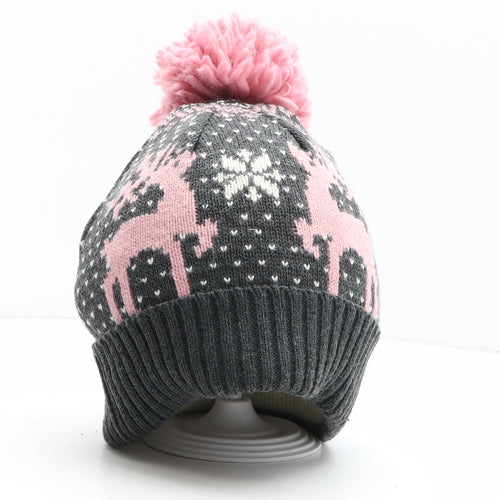 Atmosphere Womens Grey Fair Isle Acrylic Bobble Hat One Size - Reindeer Pattern