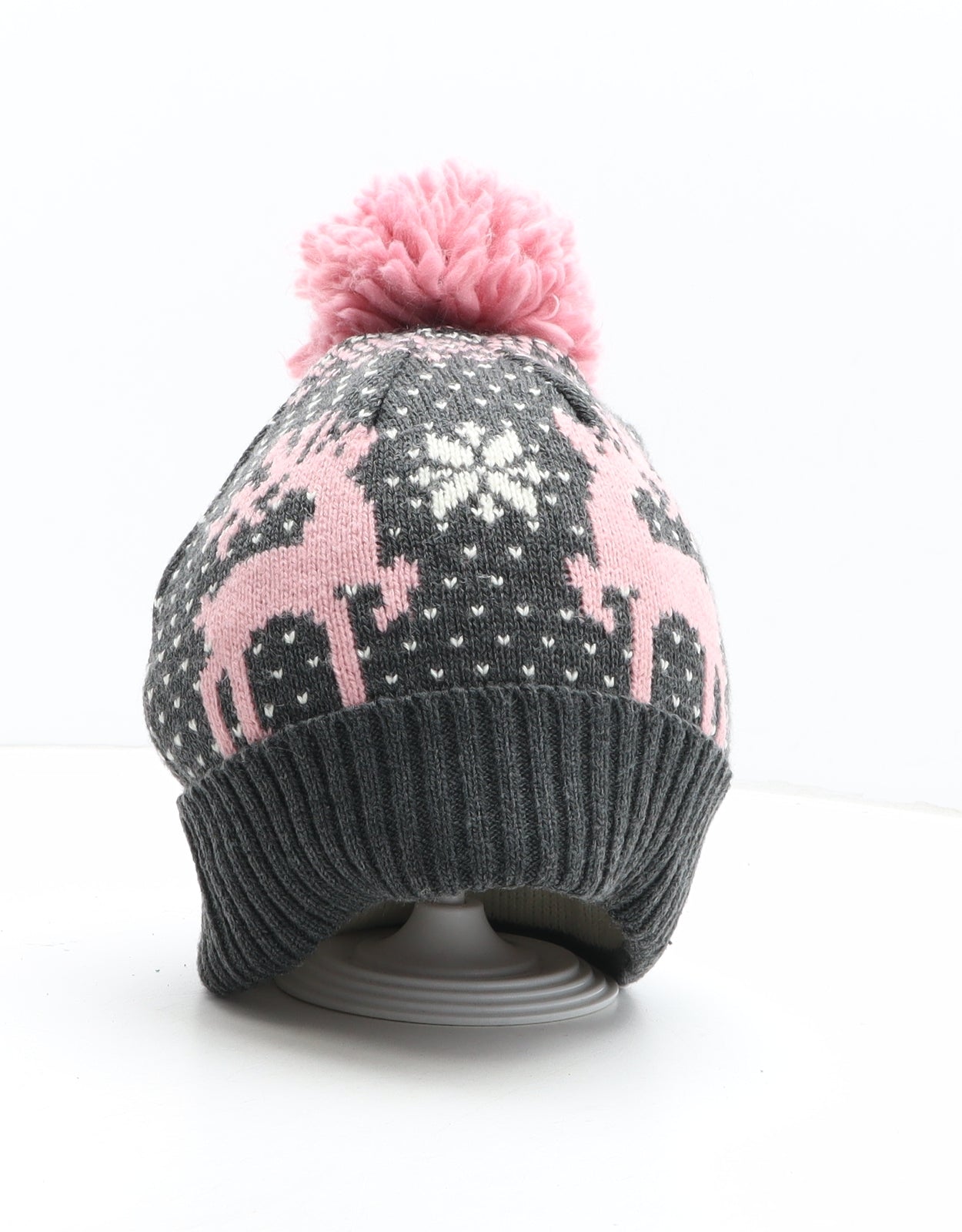 Atmosphere Womens Grey Fair Isle Acrylic Bobble Hat One Size - Reindeer Pattern