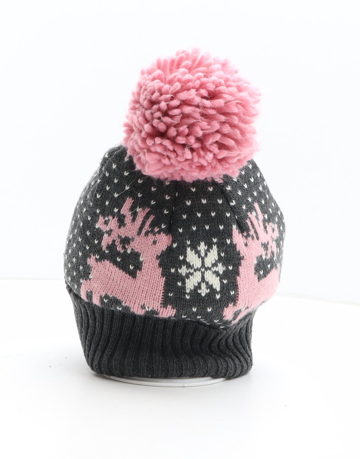 Atmosphere Womens Grey Fair Isle Acrylic Bobble Hat One Size - Reindeer Pattern