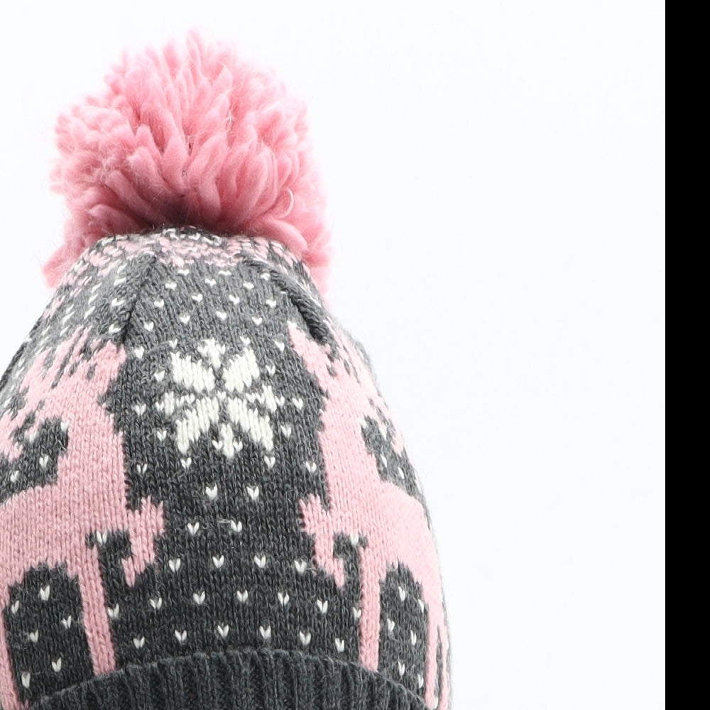 Atmosphere Womens Grey Fair Isle Acrylic Bobble Hat One Size - Reindeer Pattern