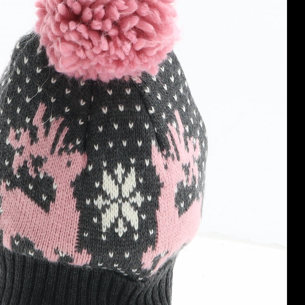 Atmosphere Womens Grey Fair Isle Acrylic Bobble Hat One Size - Reindeer Pattern