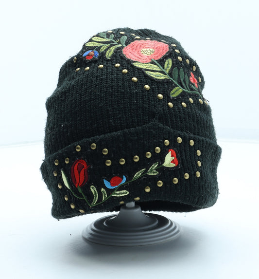 Topshop Womens Black Floral Acrylic Beanie One Size