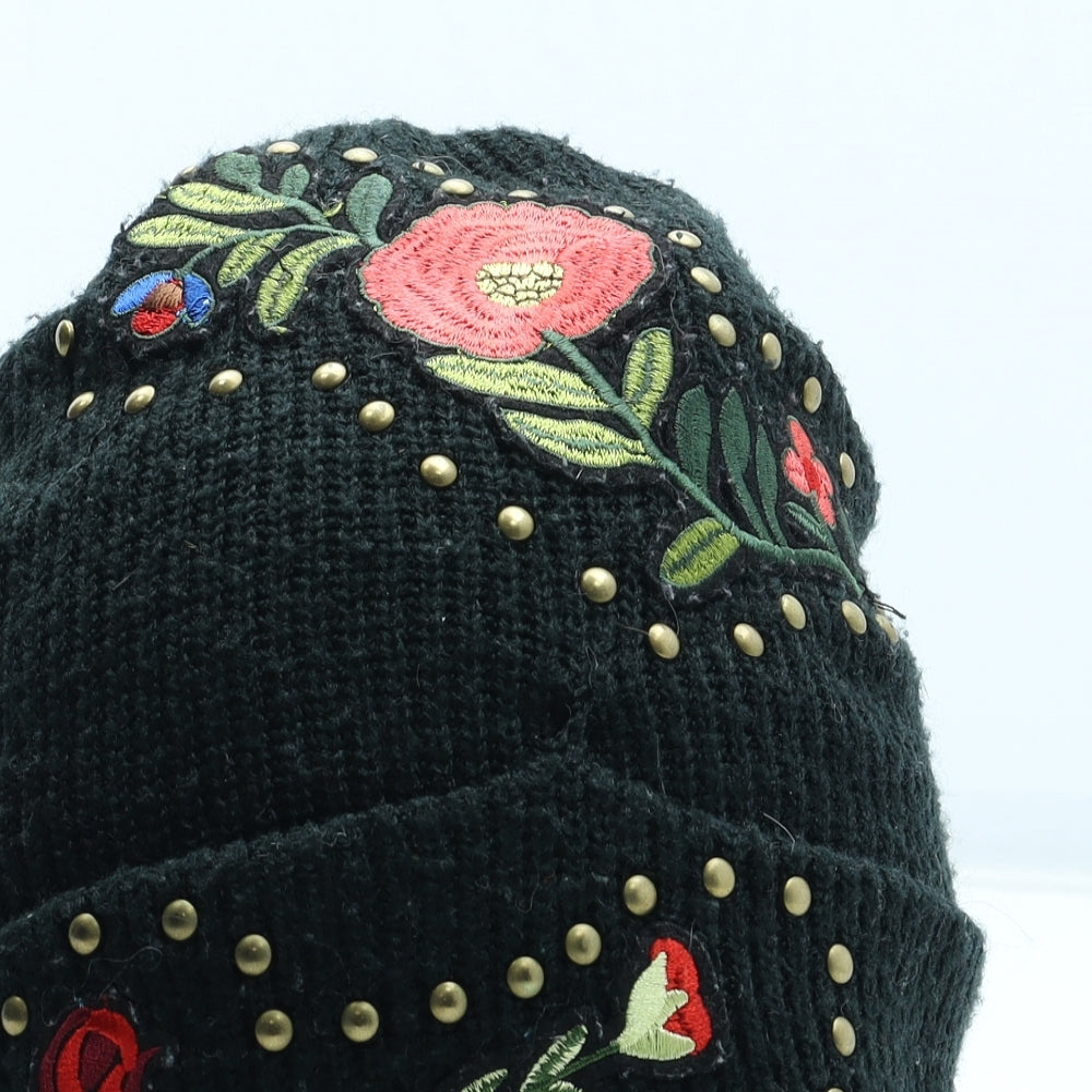 Topshop Womens Black Floral Acrylic Beanie One Size