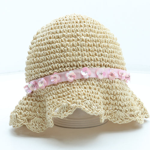 F&F Girls Beige Polyester Sun Hat Size S - Flower Detail UK Size 3-6 Years