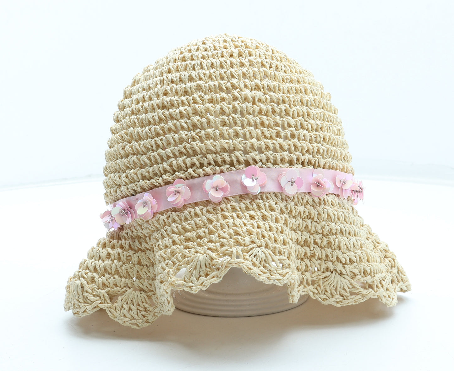 F&F Girls Beige Polyester Sun Hat Size S - Flower Detail UK Size 3-6 Years