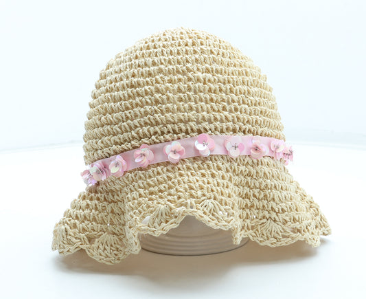 F&F Girls Beige Polyester Sun Hat Size S - Flower Detail UK Size 3-6 Years