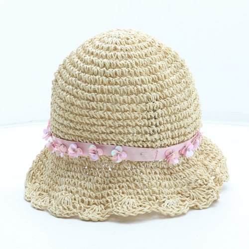 F&F Girls Beige Polyester Sun Hat Size S - Flower Detail UK Size 3-6 Years