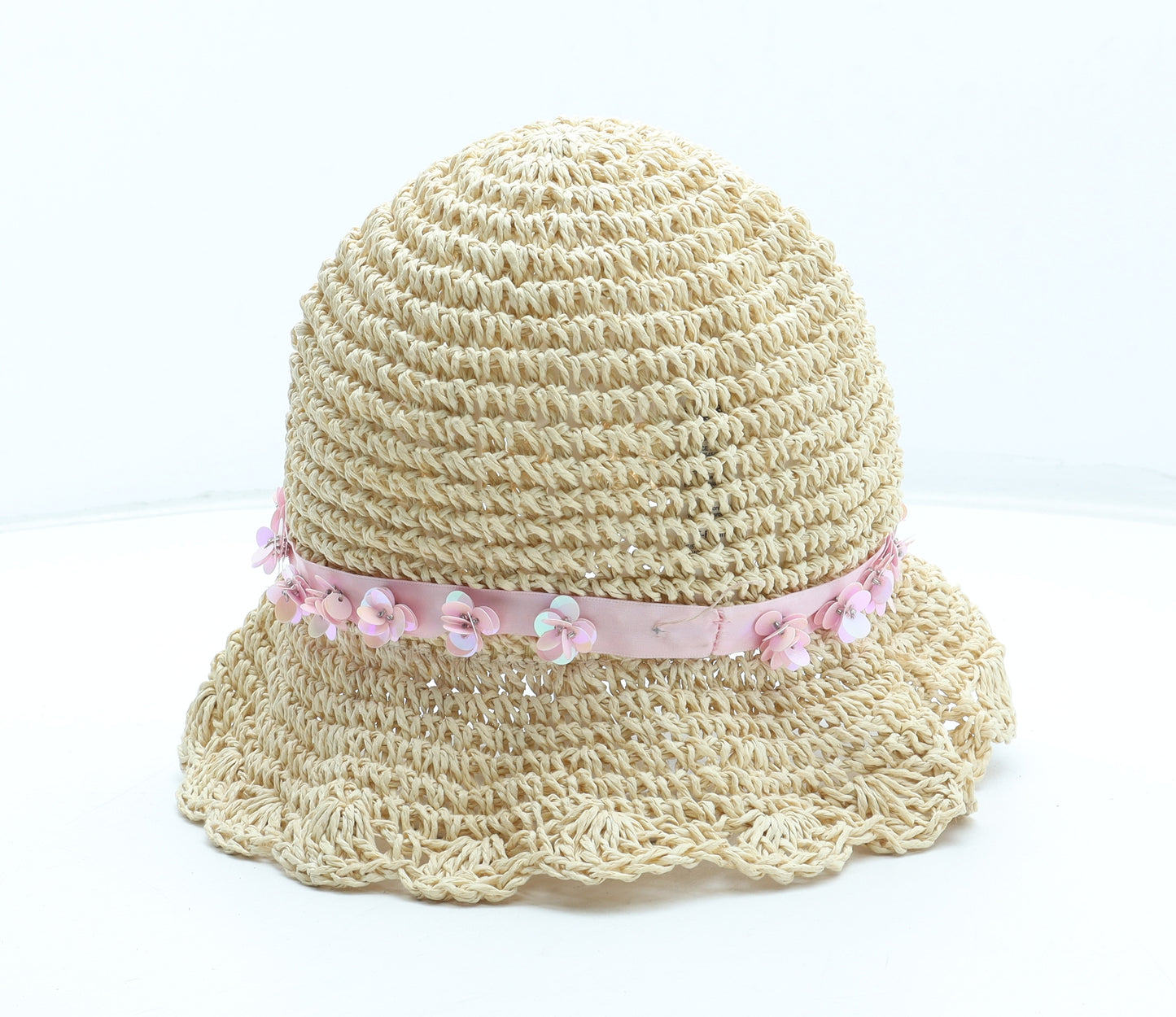 F&F Girls Beige Polyester Sun Hat Size S - Flower Detail UK Size 3-6 Years