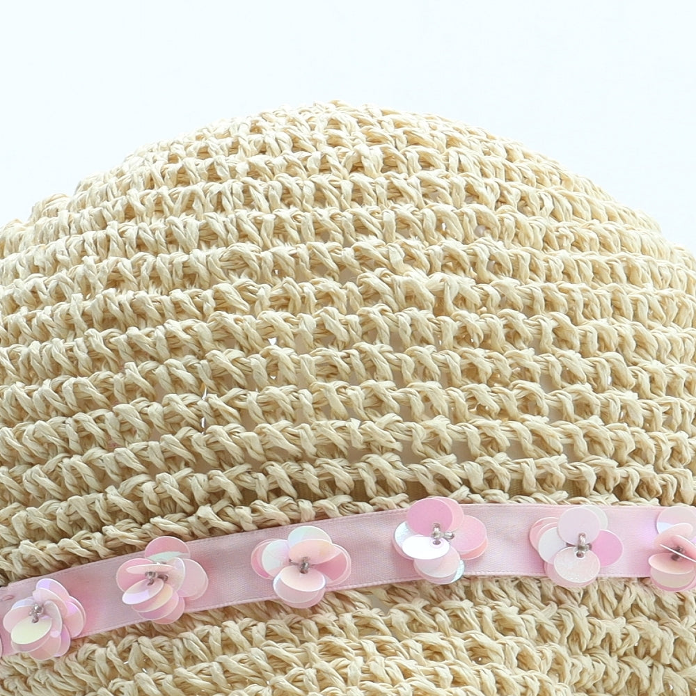 F&F Girls Beige Polyester Sun Hat Size S - Flower Detail UK Size 3-6 Years
