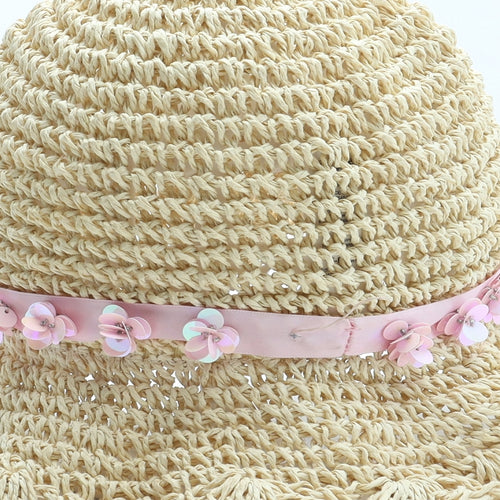 F&F Girls Beige Polyester Sun Hat Size S - Flower Detail UK Size 3-6 Years