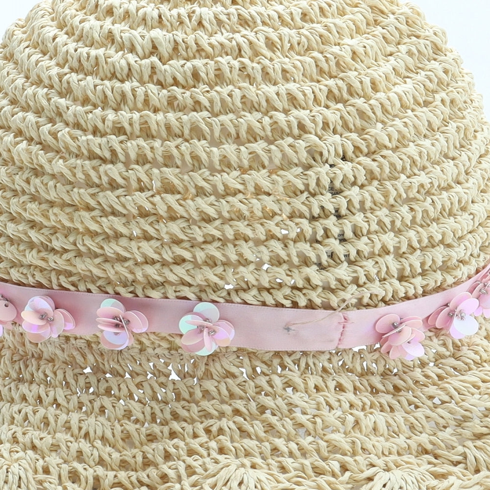 F&F Girls Beige Polyester Sun Hat Size S - Flower Detail UK Size 3-6 Years