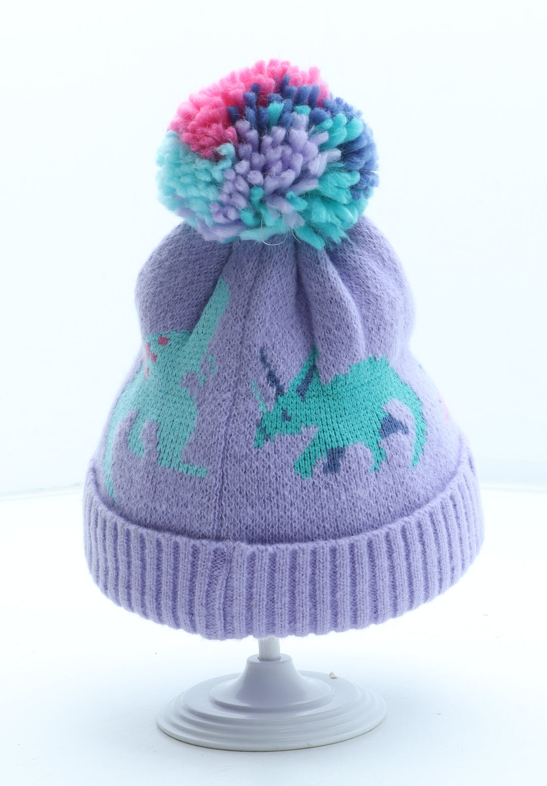 Marks and Spencer Girls Purple Geometric Acrylic Bobble Hat Size S - Dinosaur Pattern UK Size 18-36 Months