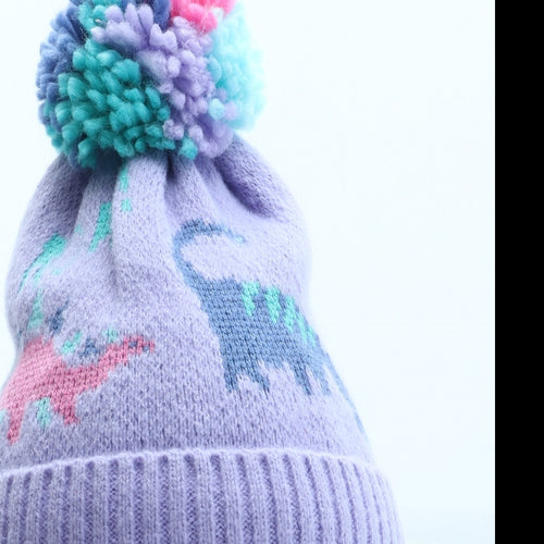 Marks and Spencer Girls Purple Geometric Acrylic Bobble Hat Size S - Dinosaur Pattern UK Size 18-36 Months