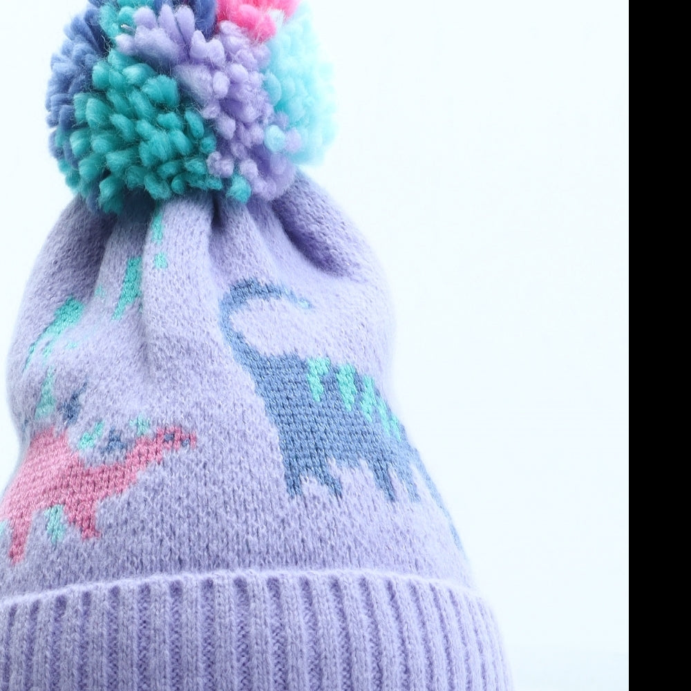 Marks and Spencer Girls Purple Geometric Acrylic Bobble Hat Size S - Dinosaur Pattern UK Size 18-36 Months