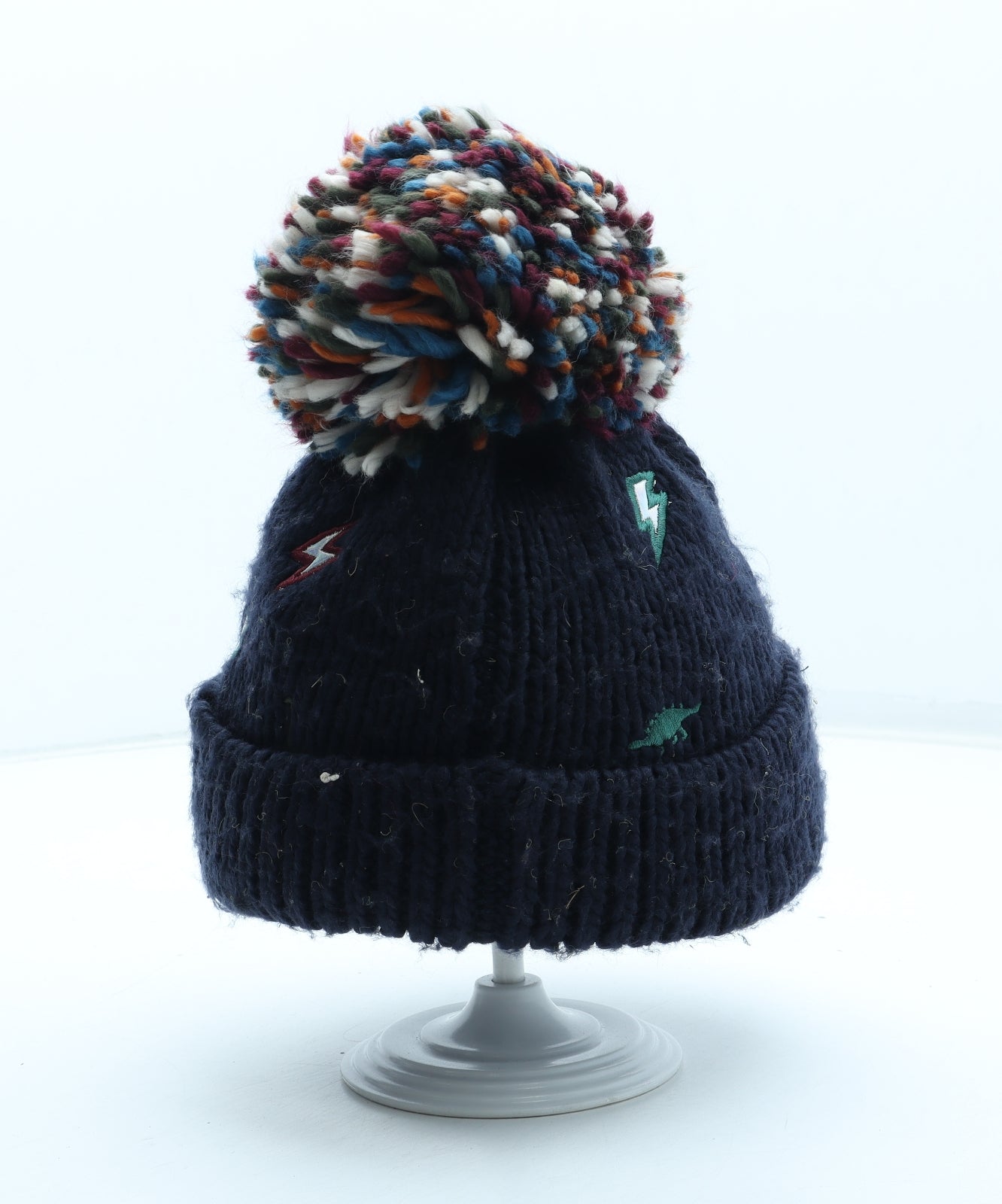 TU Boys Blue Geometric Acrylic Bobble Hat Size S - Dinosaur Pattern