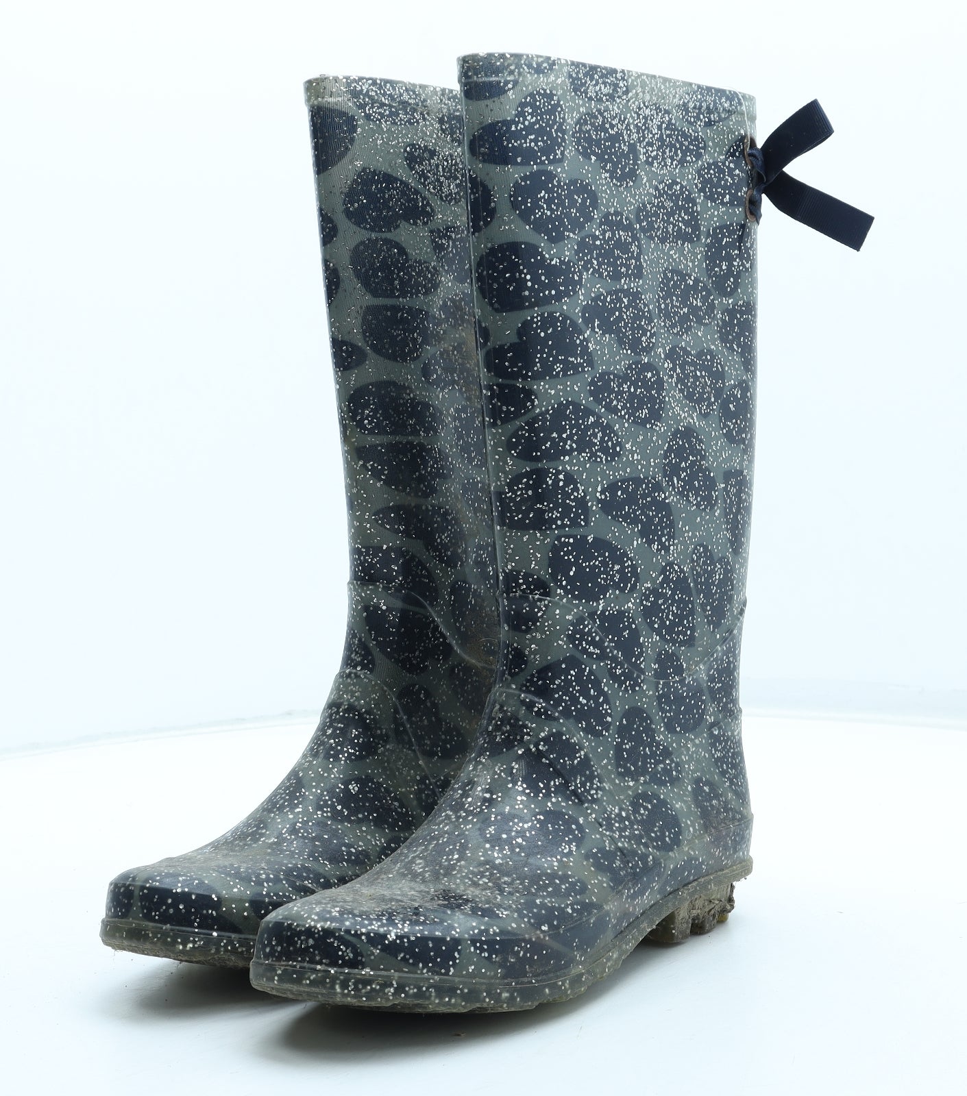 F&F Womens Grey Geometric Rubber Wellies Boot UK - Heart Pattern