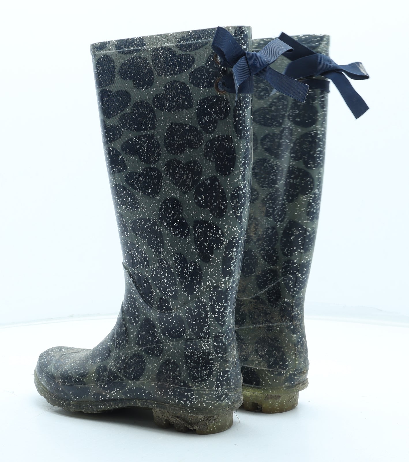 F&F Womens Grey Geometric Rubber Wellies Boot UK - Heart Pattern