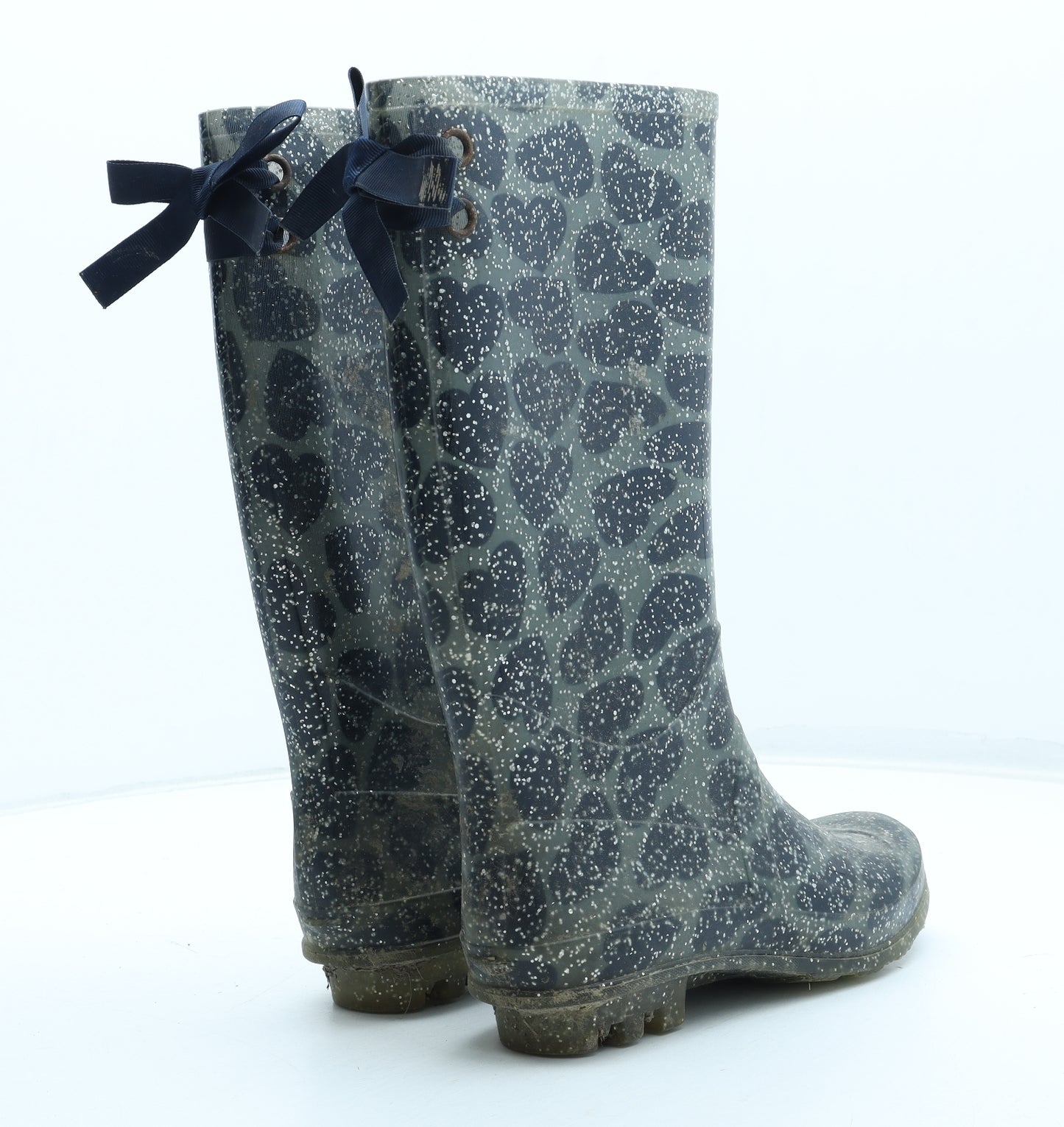 F&F Womens Grey Geometric Rubber Wellies Boot UK - Heart Pattern