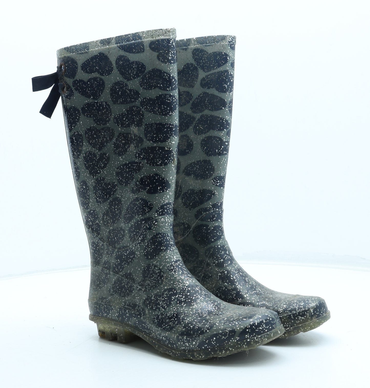 F&F Womens Grey Geometric Rubber Wellies Boot UK - Heart Pattern