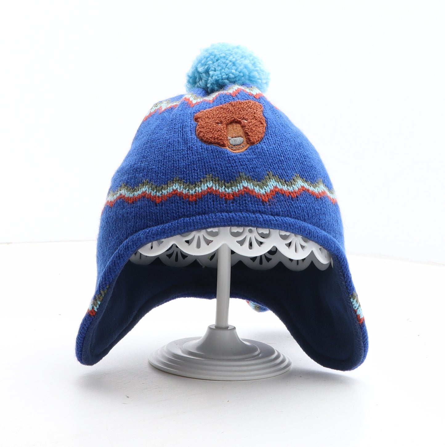 Marks and Spencer Boys Blue Geometric Acrylic Winter Hat One Size - Bear Detail UK Size 12-18 Months Mittens Included