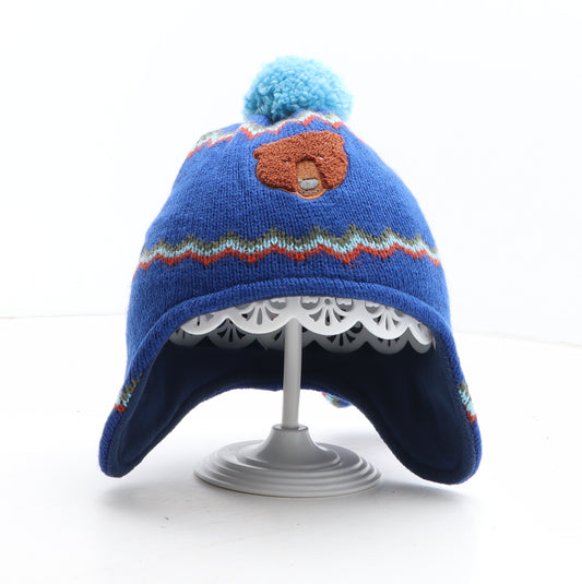 Marks and Spencer Boys Blue Geometric Acrylic Winter Hat One Size - Bear Detail UK Size 12-18 Months Mittens Included