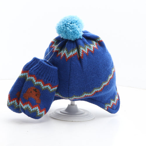 Marks and Spencer Boys Blue Geometric Acrylic Winter Hat One Size - Bear Detail UK Size 12-18 Months Mittens Included