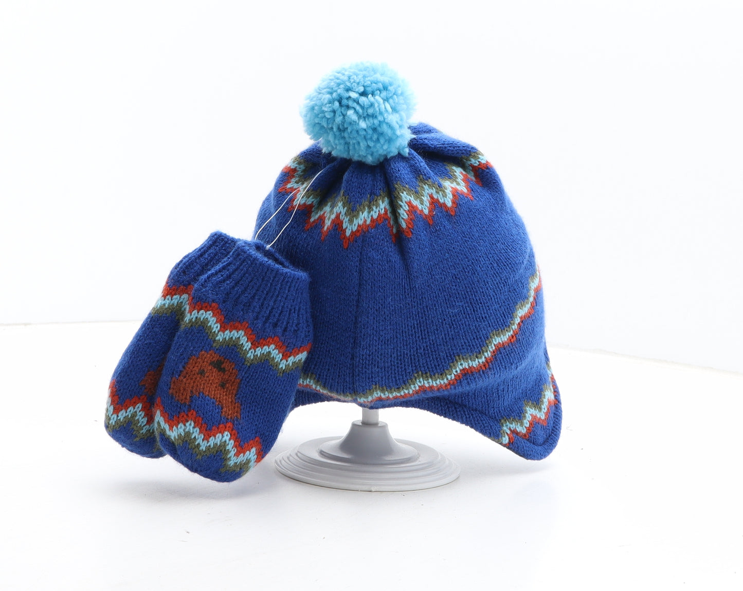 Marks and Spencer Boys Blue Geometric Acrylic Winter Hat One Size - Bear Detail UK Size 12-18 Months Mittens Included