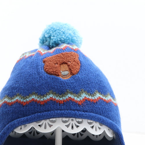 Marks and Spencer Boys Blue Geometric Acrylic Winter Hat One Size - Bear Detail UK Size 12-18 Months Mittens Included