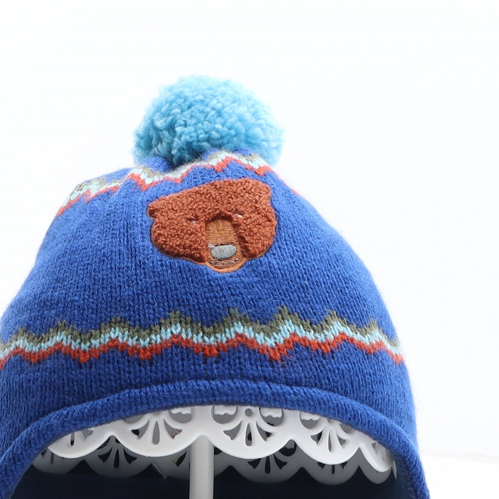 Marks and Spencer Boys Blue Geometric Acrylic Winter Hat One Size - Bear Detail UK Size 12-18 Months Mittens Included
