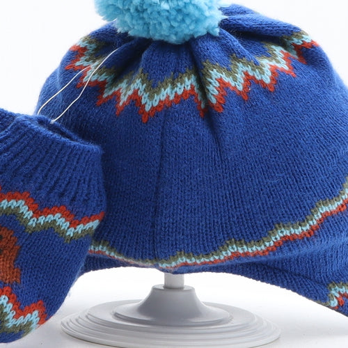 Marks and Spencer Boys Blue Geometric Acrylic Winter Hat One Size - Bear Detail UK Size 12-18 Months Mittens Included