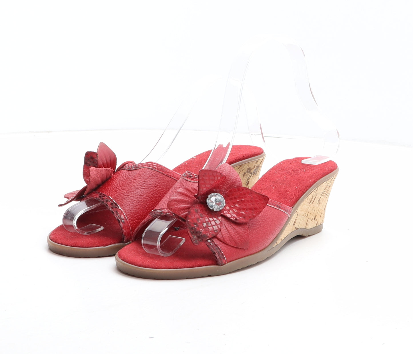 Preworn Womens Red Synthetic Mule Heel UK - Flower Detail