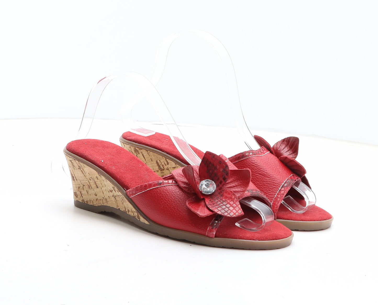 Preworn Womens Red Synthetic Mule Heel UK - Flower Detail